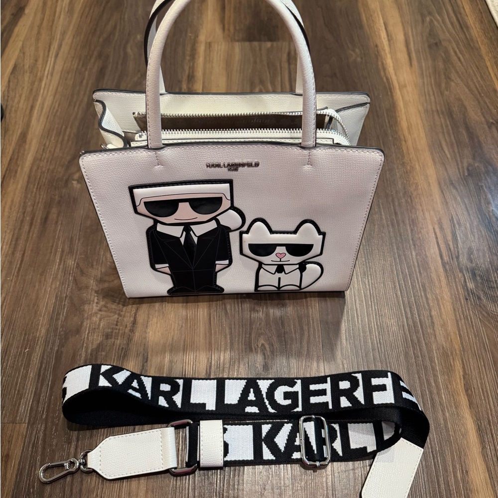 Karl Lagerfeld White and Silver Satchel with Graphic Design